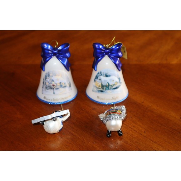 Glued* Lot Thomas Kinkade Ringing in Holiday Christmas Bell Ornaments W/ Snowmen - Picture 4 of 13